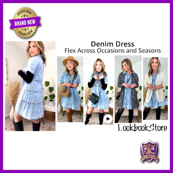 Short Sleeve Button Down Flowy Tiered Babydoll Denim Dress Casual Chic - Picture 6 of 7